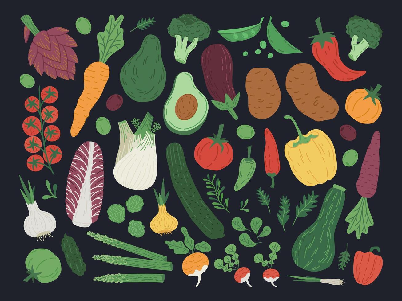 Vegetables and greens. Organic veggies on dark background, fresh avocado, tomato, carrots and pepper flat illustration set. Hand drawn vegetarian food vector