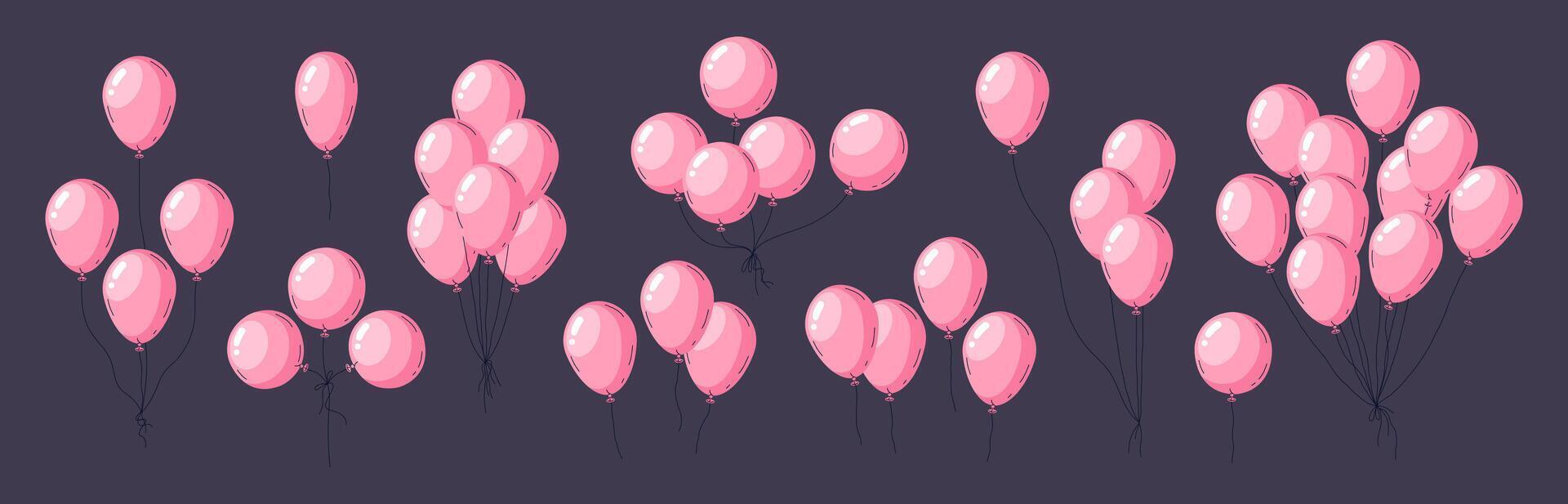 Pink helium balloons. Floating bright balloon bunches, glossy air balloons birthday party decorations flat illustration set. Cute helium balloon collection vector