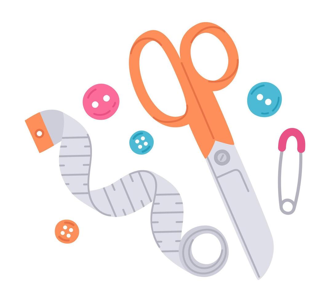 Sewing tools. Needlework and stitching supplies, hand drawn buttons, scissors and measure tape flat illustration set on white vector