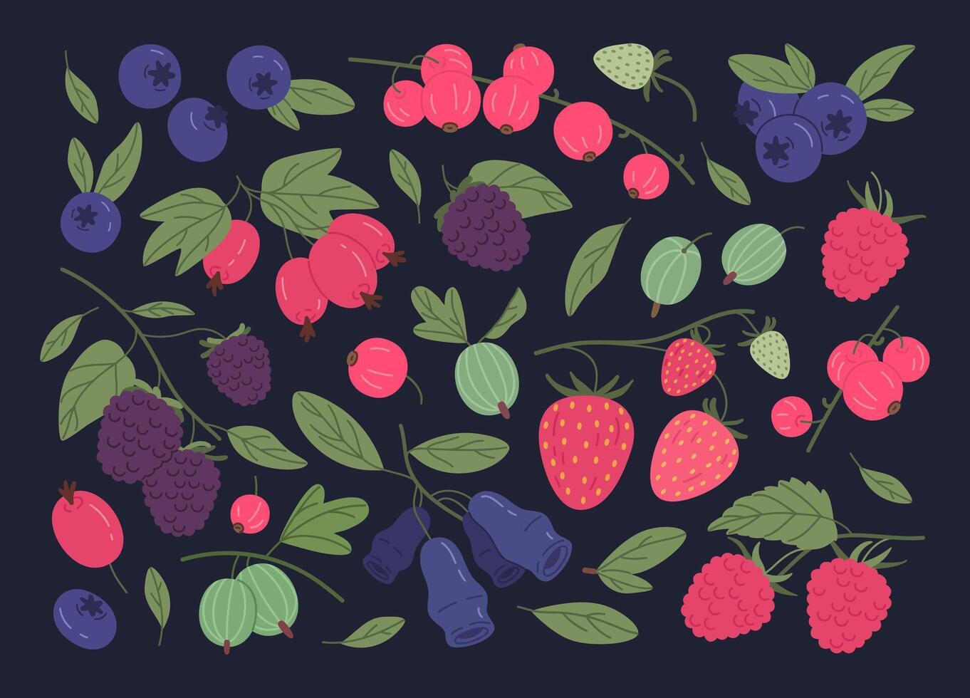Ripe berries. Juicy forest berries, strawberry, raspberry, red currant, blueberry and gooseberry edible berries flat illustration set. Fresh berries on dark background vector