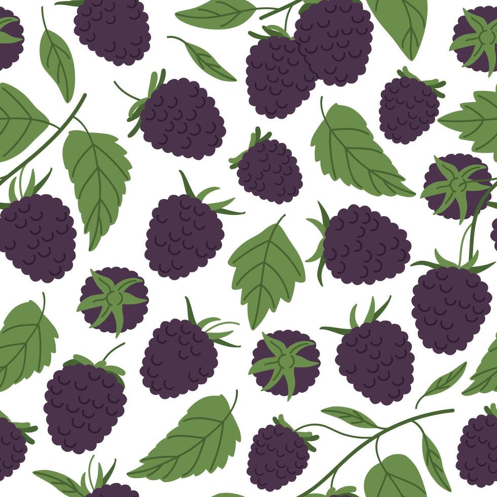 Blackberries seamless pattern. Forest blackberry endless design, fresh berry for healthy nutrition flat background illustration. Hand drawn blackberry pattern vector