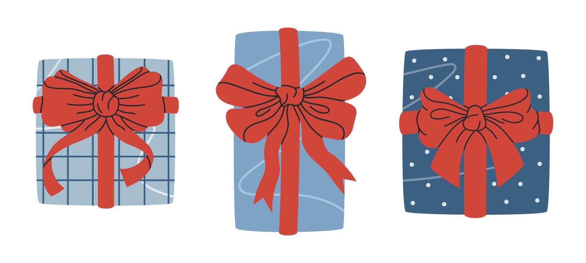 regalo cajas Días festivos regalos caja con seda arcos, cumpleaños o Navidad envuelto regalo cajas plano ilustración colocar. presente cajas en blanco vector