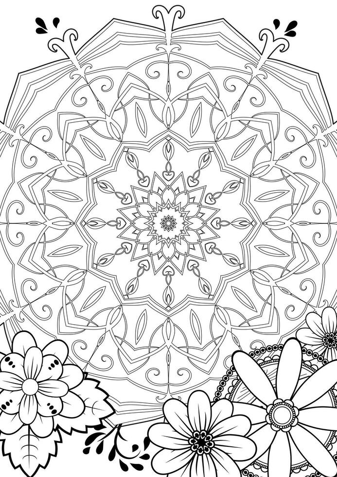 Circular openwork pattern surrounded by abstract colors. Simple outline pattern for coloring. Black outline of mandala and flowers on white background. vector