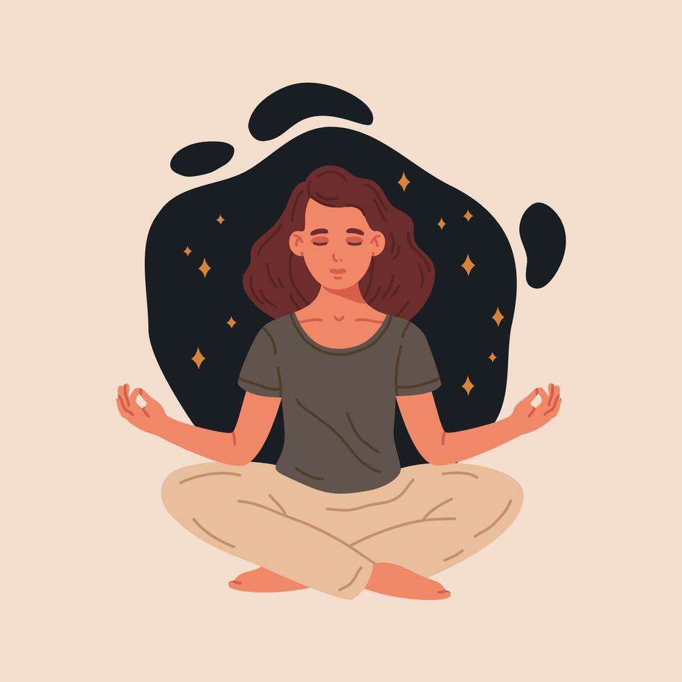 meditando mujer. hembra con cerrado ojos meditando en yoga loto pose, meditación y aliento ejercicio plano ilustración. bienestar y tranquilidad escena vector