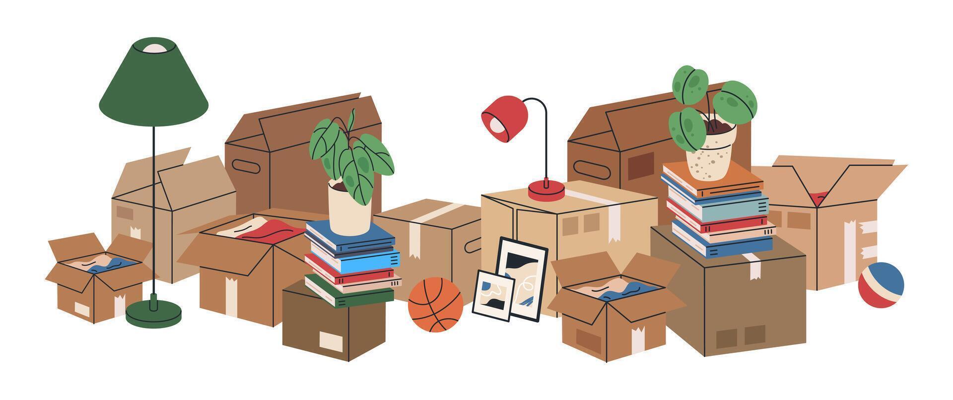 New house moving boxes. Moving stuff in stacked cardboard boxes, carton moving boxes with books, clothes and pot plants flat background illustration. Hand drawn moving boxes vector