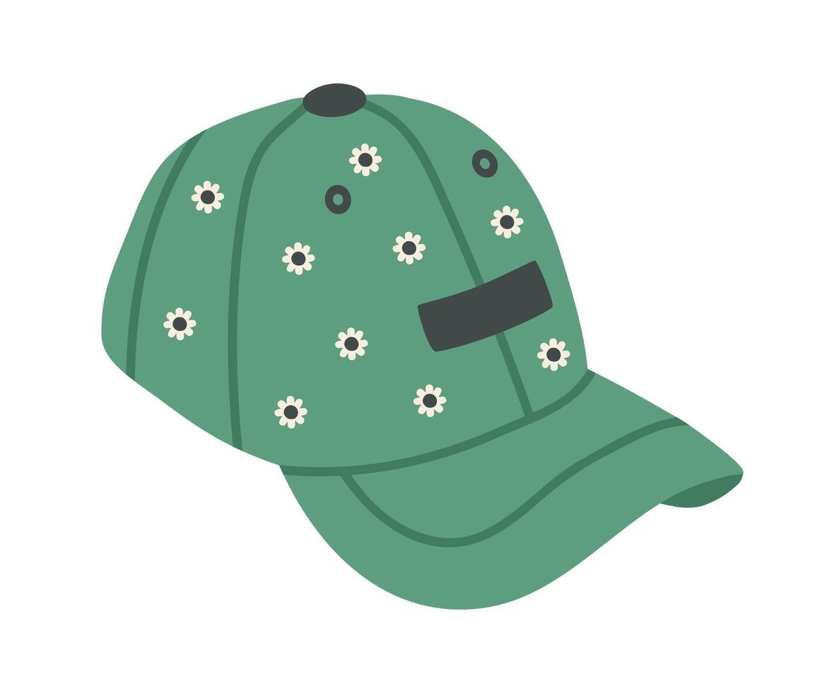 Unisex baseball cap. Modern textile sport headwear, trendy accessory flat illustration. Colorful green sport cap on white vector