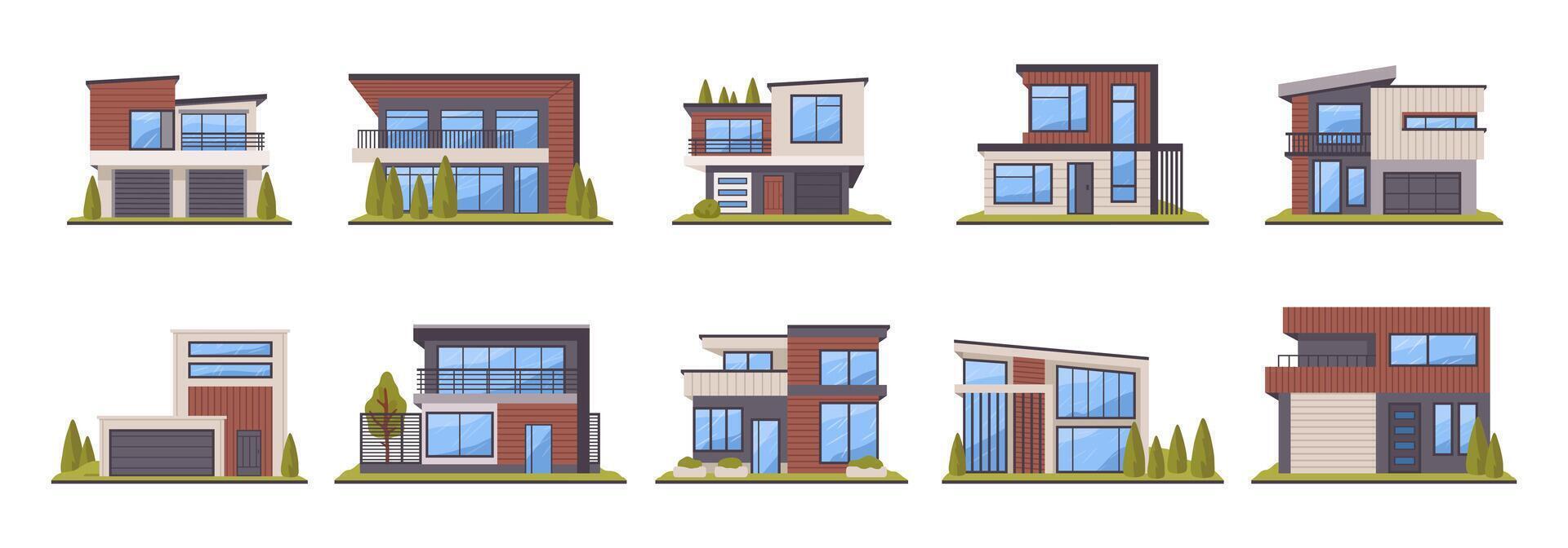 Modern houses. Suburban real estate architecture, contemporary residential buildings, urban cottages, country houses flat illustration set. Hand drawn house collection vector