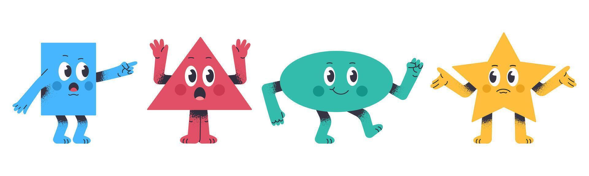 Cute geometric mascots. Funny comic shapes for math school learning, colorful figures, abstract characters with funny faces flat illustration set. Figures with different emotions vector