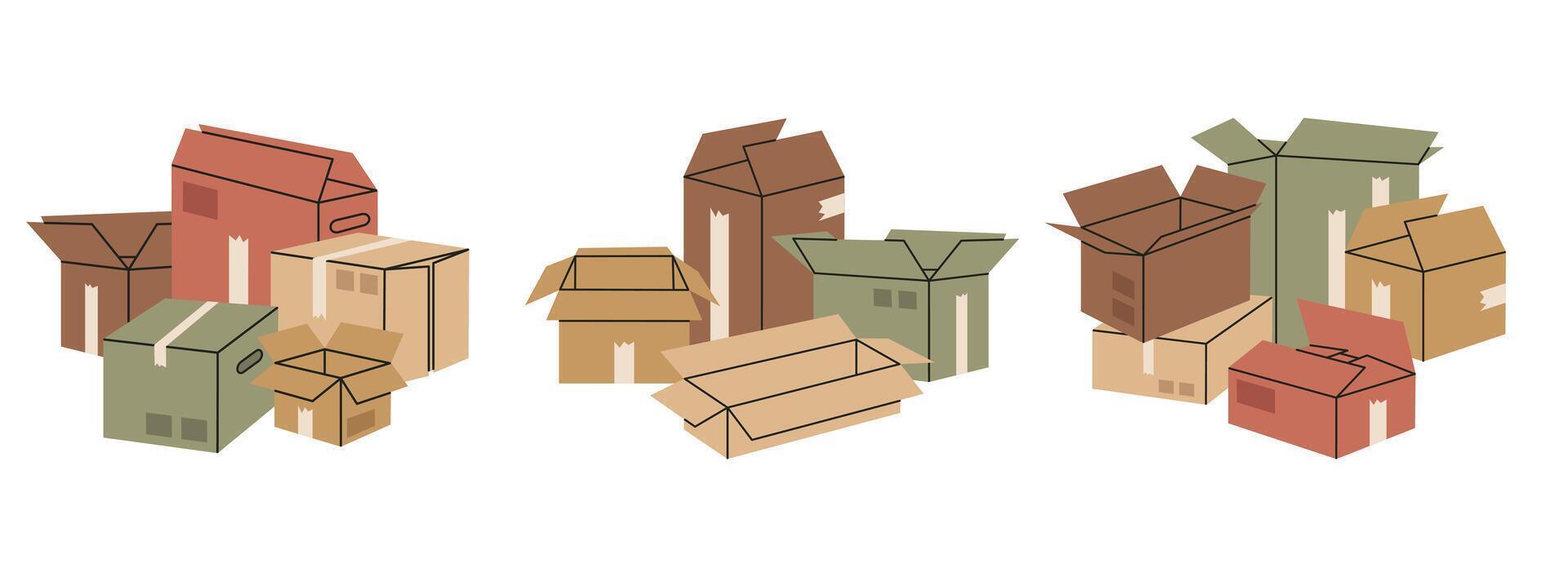 Hand drawn cargo boxes. Stacked cardboard boxes, warehouse box stack, boxes pile flat illustration set. Delivery or moving concept vector