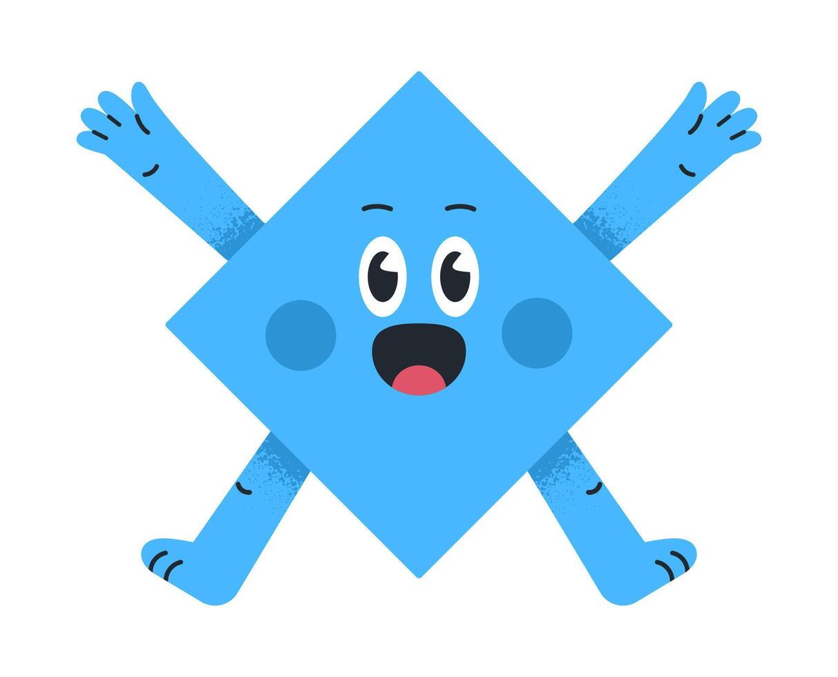 Funny rhombus character. Comic geometric shape with delight emotions, cute rhombus mascot with funny face flat illustration. Adorable geometric shape vector