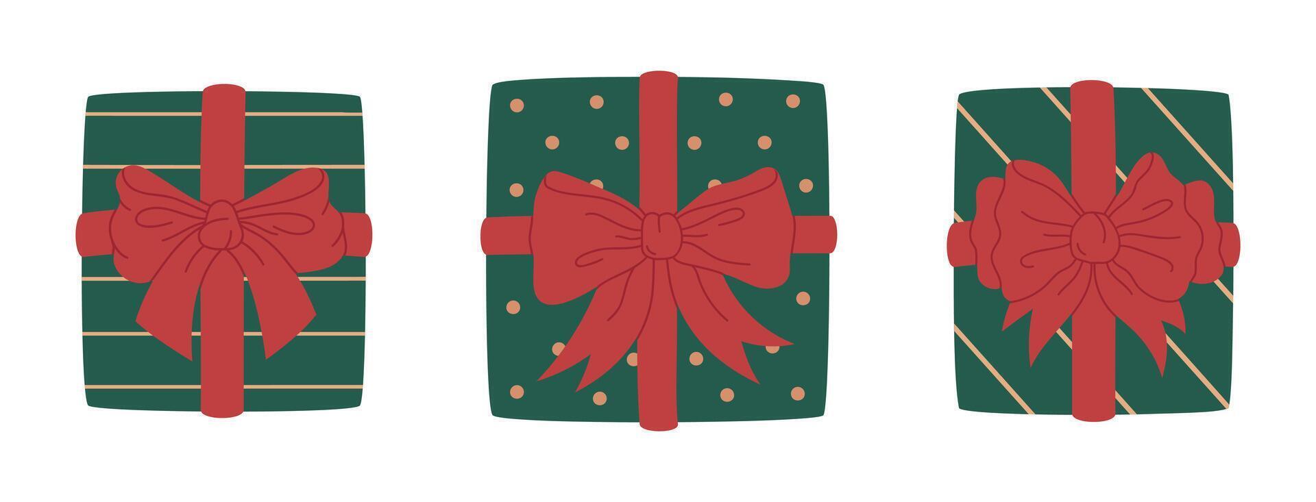 Navidad o cumpleaños regalos cajas mano dibujado Días festivos regalo cajas con seda arcos, envuelto regalo cajas plano ilustración colocar. linda presente caja colección vector