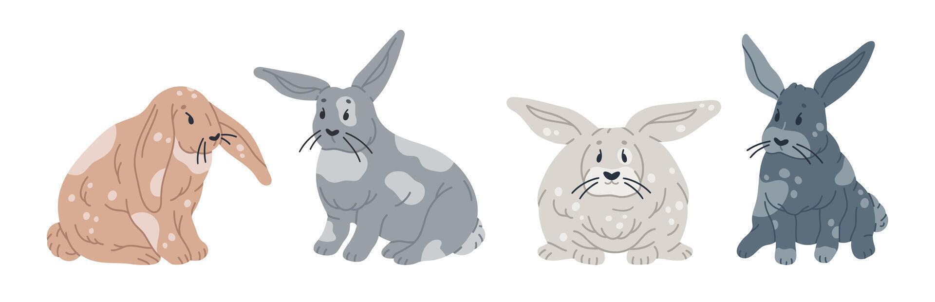 Cute Easter rabbits. Hand drawn spring bunnies, fluffy bunny characters, little Easter hares flat illustration set. Spring Easter holiday rabbits vector