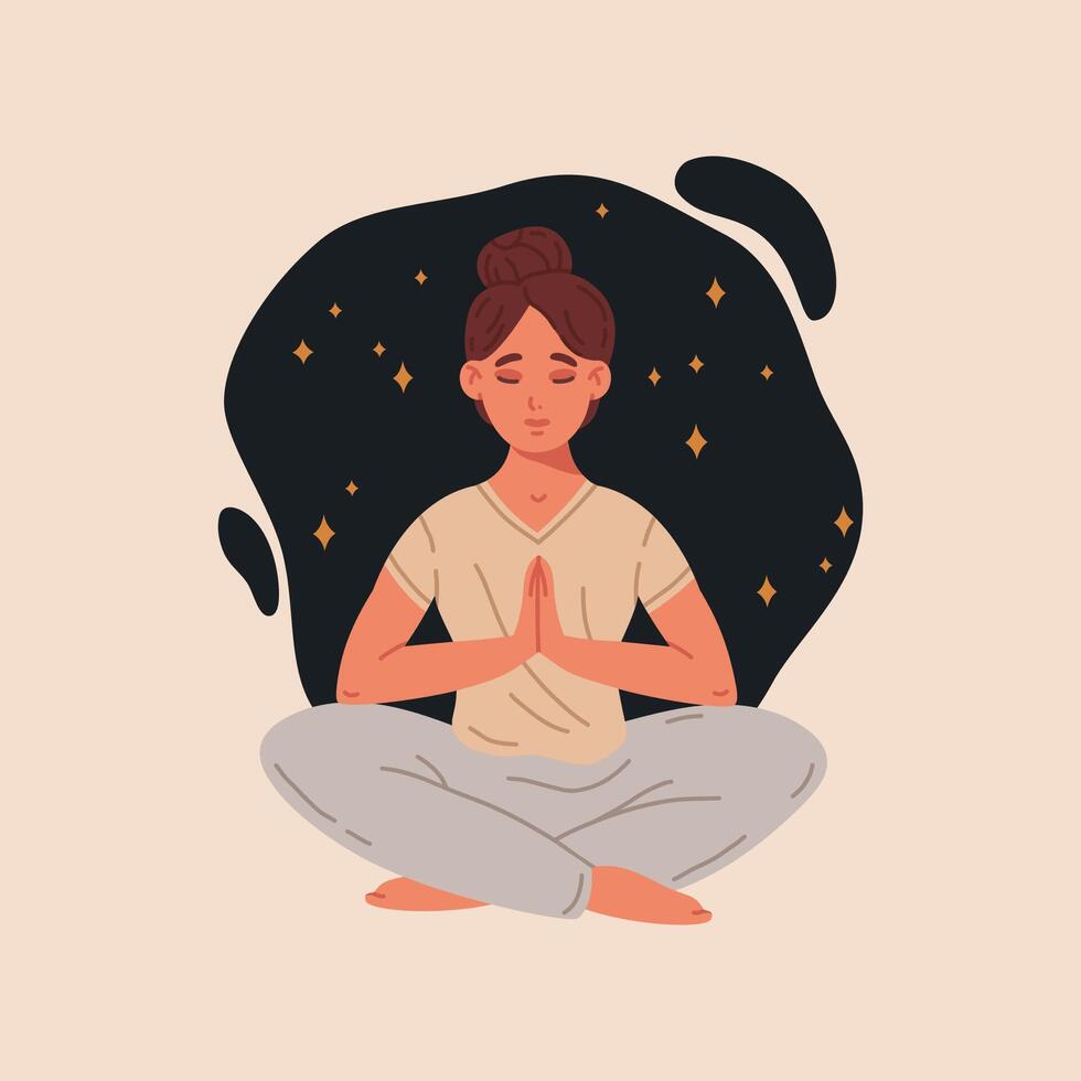 hembra con cerrado ojos meditando en yoga loto pose. meditando mujer con cruzado piernas, meditación y aliento ejercicio plano ilustración. armonía y tranquilidad escena vector