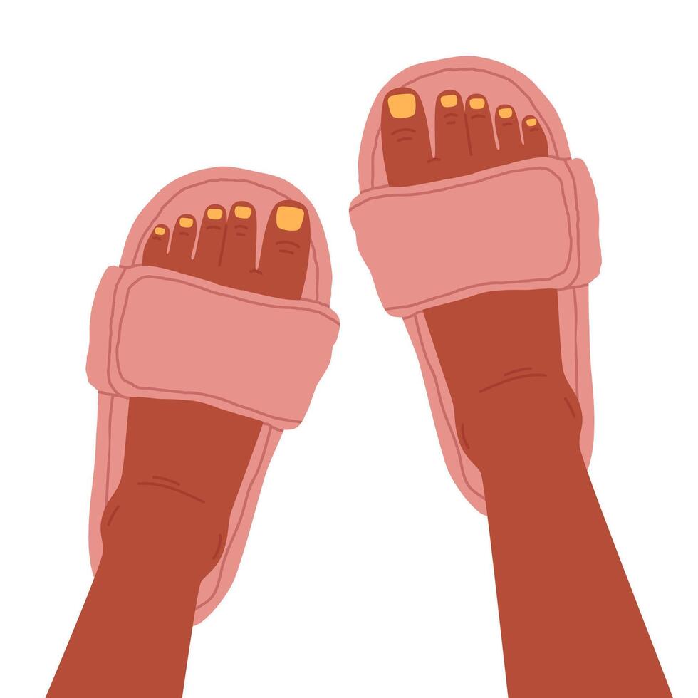 Feet in domestic slippers. Female feet with pedicure wearing home footwear, women feet in fluffy, cozy faux fur shoes flat illustration. Cute house shoes on feet vector