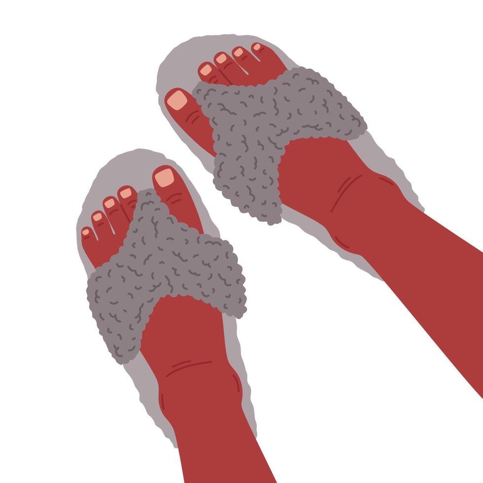 Female feet wearing home footwear. Women feet with pedicure in fluffy domestic slippers, female cozy house shoes flat illustration. Textile house shoes on feet vector