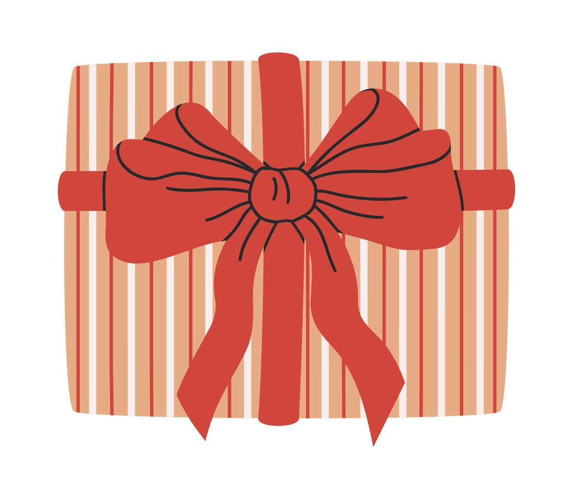 mano dibujado regalo caja. envuelto presente para cumpleaños o Navidad vacaciones, caja parte superior vista, regalo caja con rojo seda arco plano ilustración. regalo caja en blanco vector