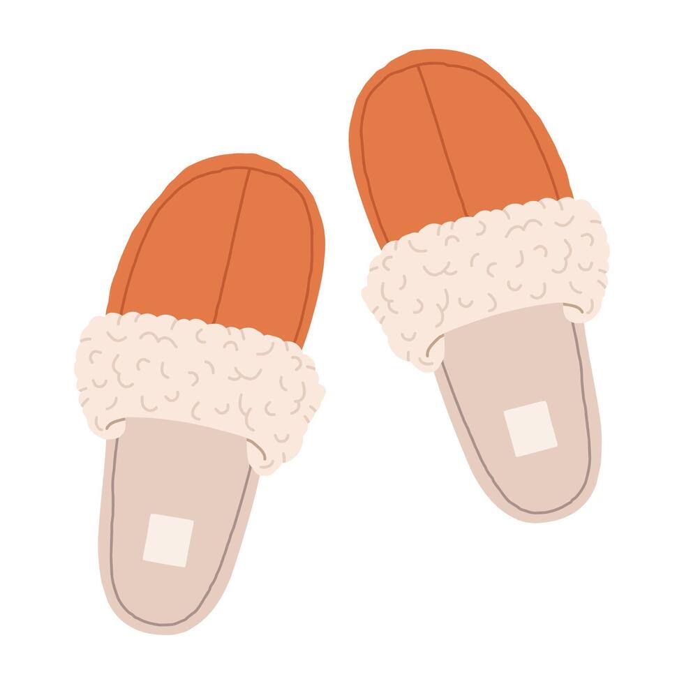 Home footwear. Cozy sheepskin indoor shoes, warm and comfy domestic slippers flat illustration. Cute house shoes vector