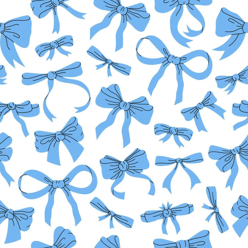 dibujos animados arcos modelo. cumpleaños regalos arcos sin costura patrón, azul cinta decoración impresión plano antecedentes ilustración. mano dibujado seda arcos fondo vector