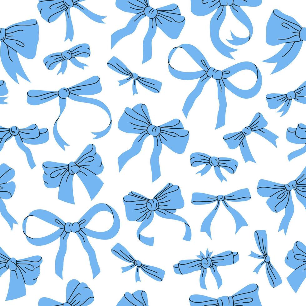 Cartoon bows pattern. Birthday gifts bows seamless pattern, blue ribbon decoration print flat background illustration. Hand drawn silk bows backdrop vector