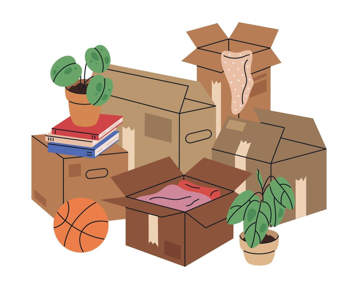 cartulina Moviente cajas apilado carga cajas con ropa, libros y en conserva plantas plano ilustración. casa Moviente cosas paquetes en blanco vector