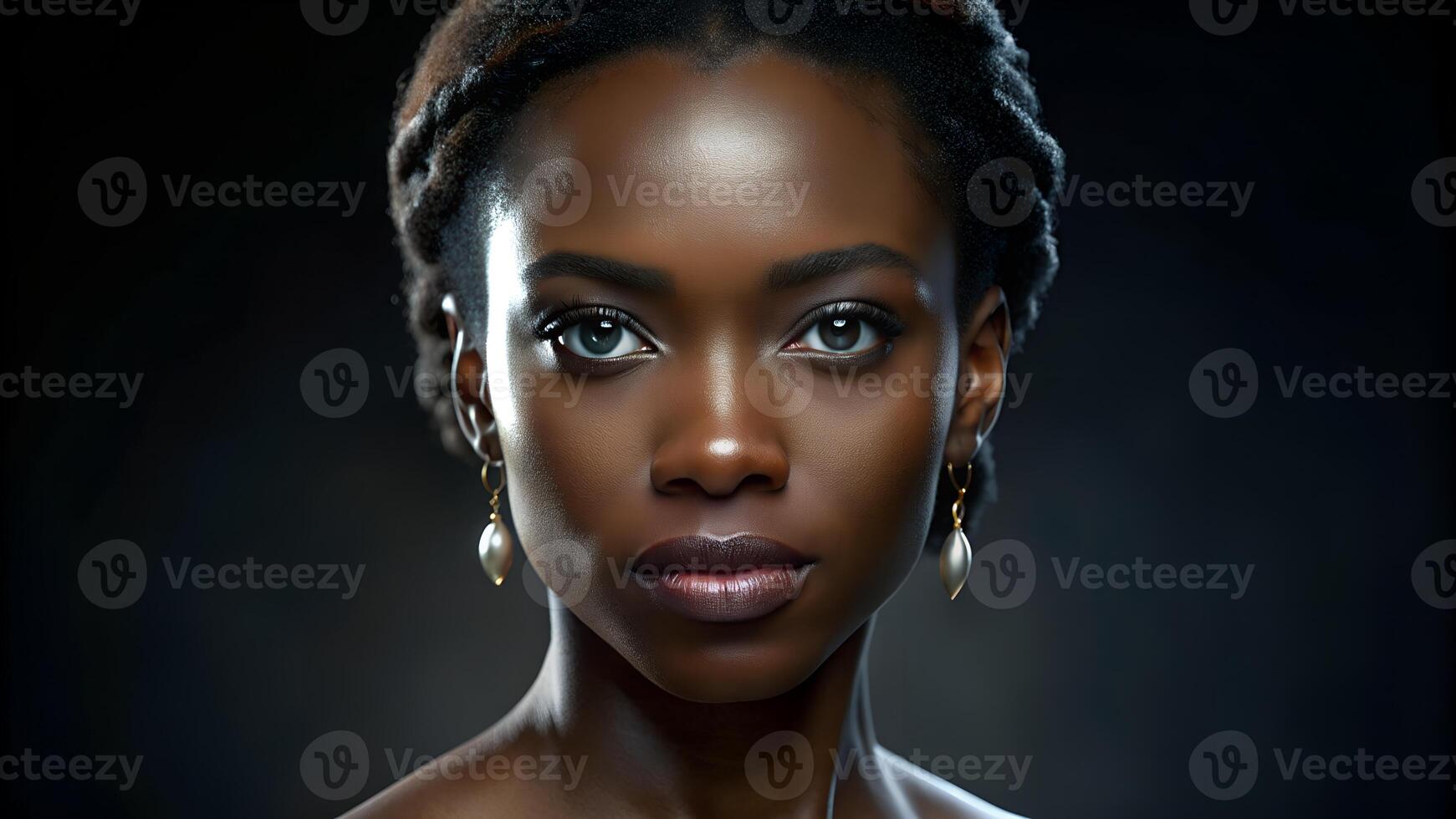 Portrait of beautiful young african woman over dark background photo