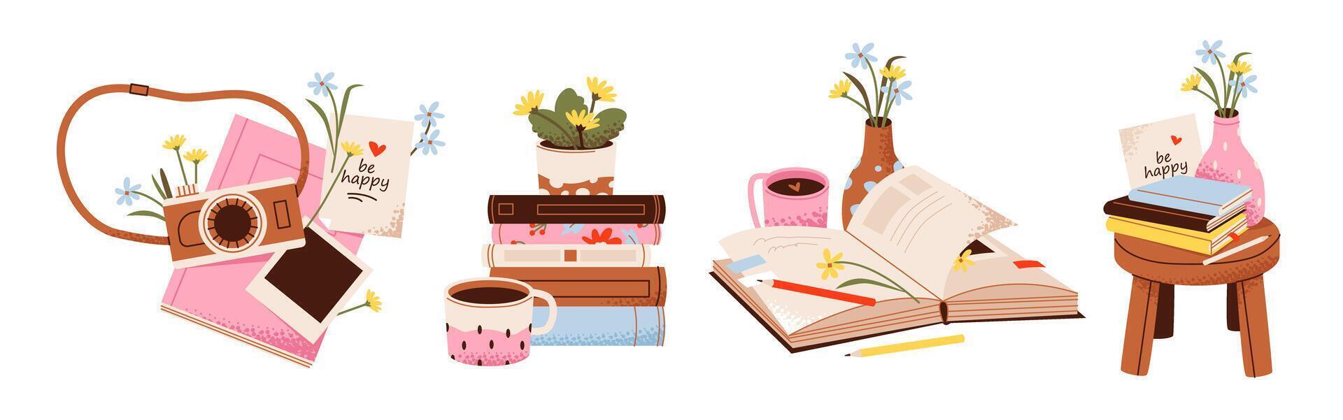 Stacks of books with flowers and a cup of tea or coffee. Cozy pastime. Flat illustration vector