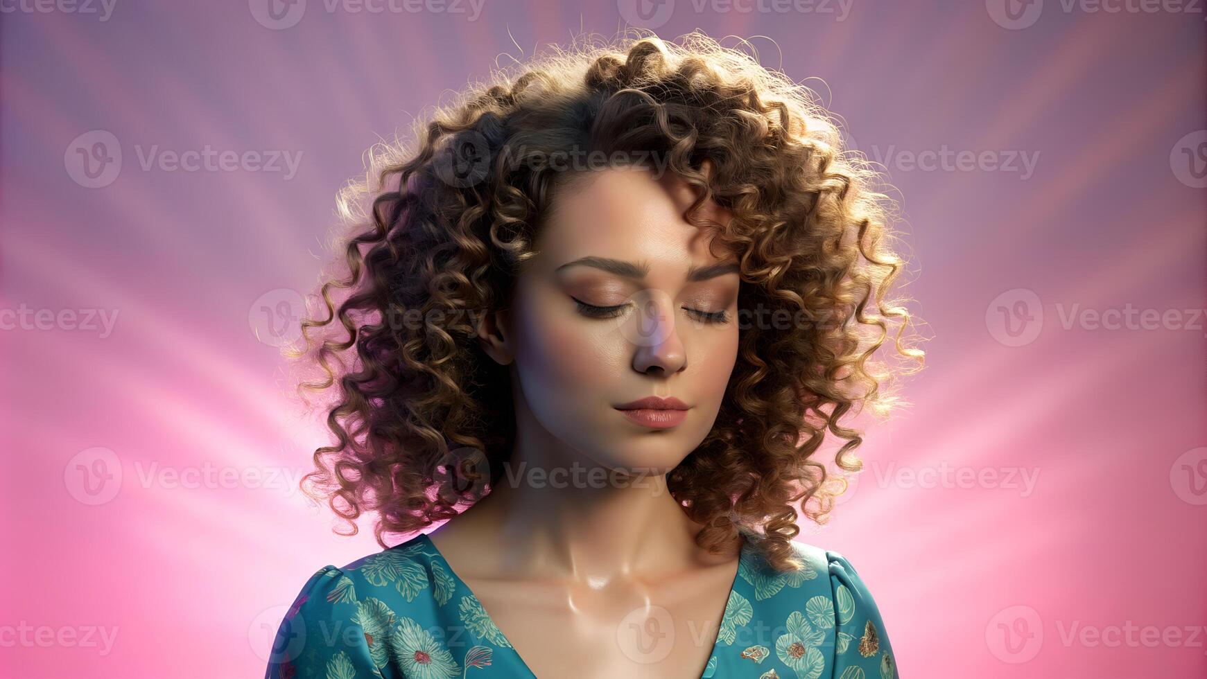 Curly charming lady in good mood wearing blue clothes photo