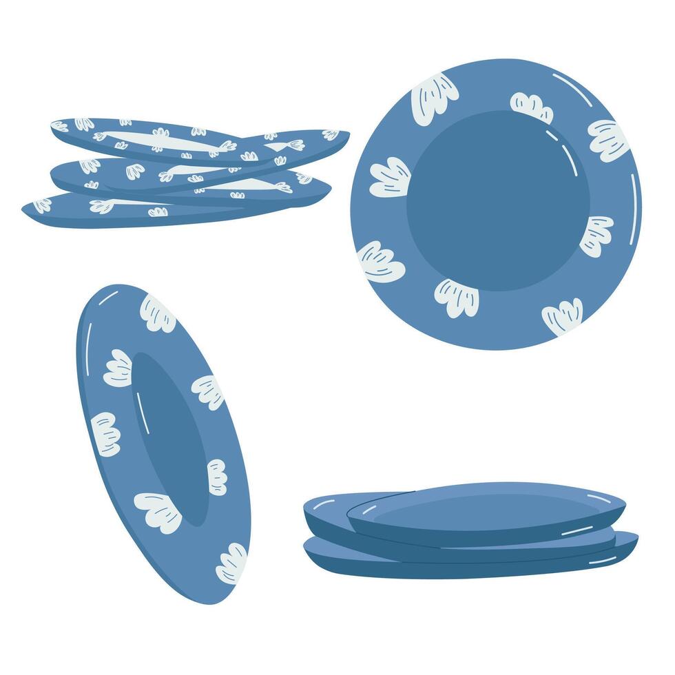 Set of blue plates on white background. vector