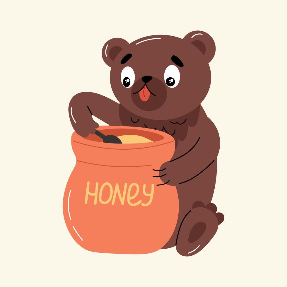 A bear eats honey with a spoon. vector