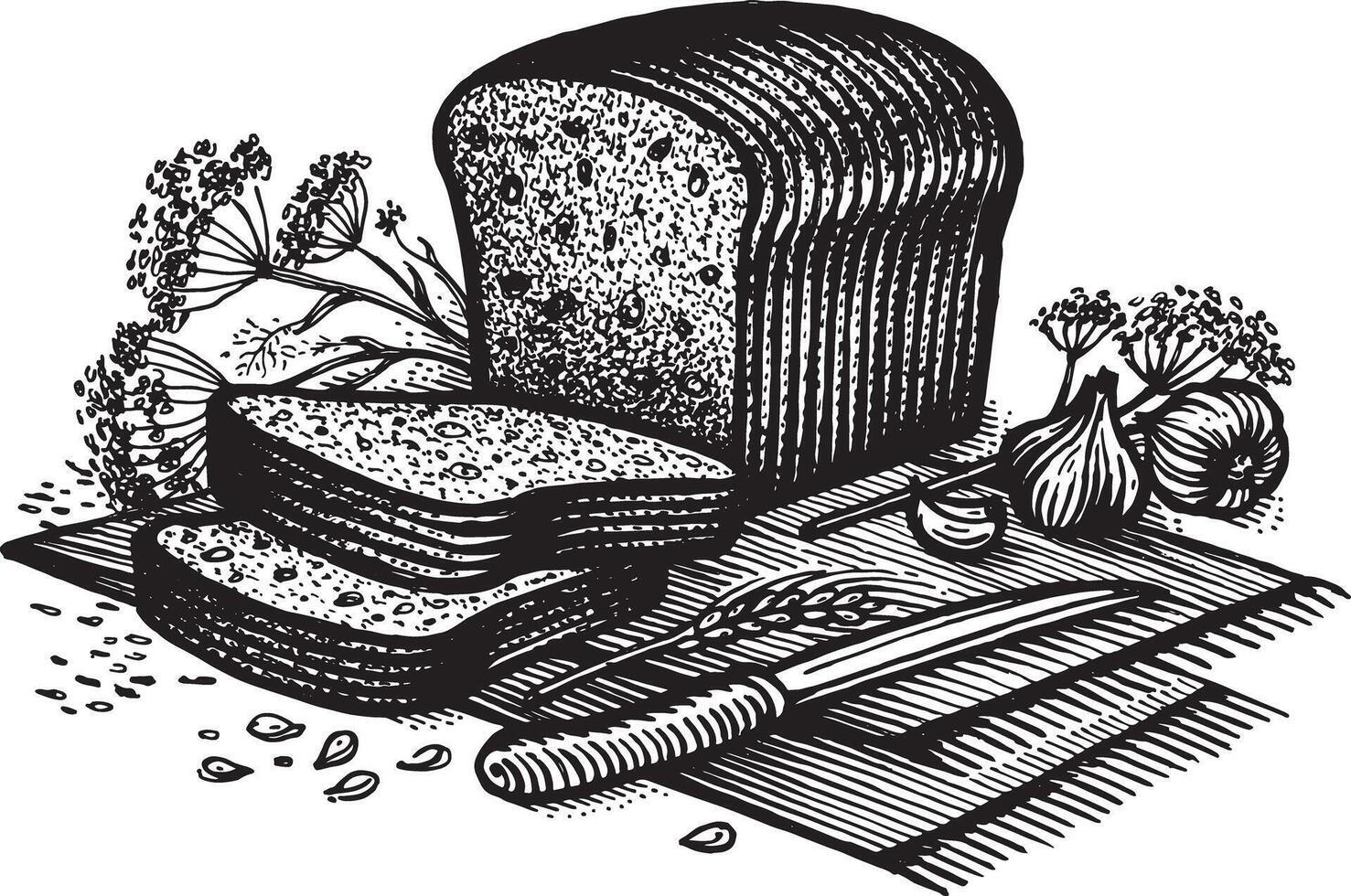 Bread with garlic and cumin, illustration. Vintage graphics and handwork. Drawing with an ink pen and pencil. Still life with bread, garlic and cumin. A collection of farm products. vector