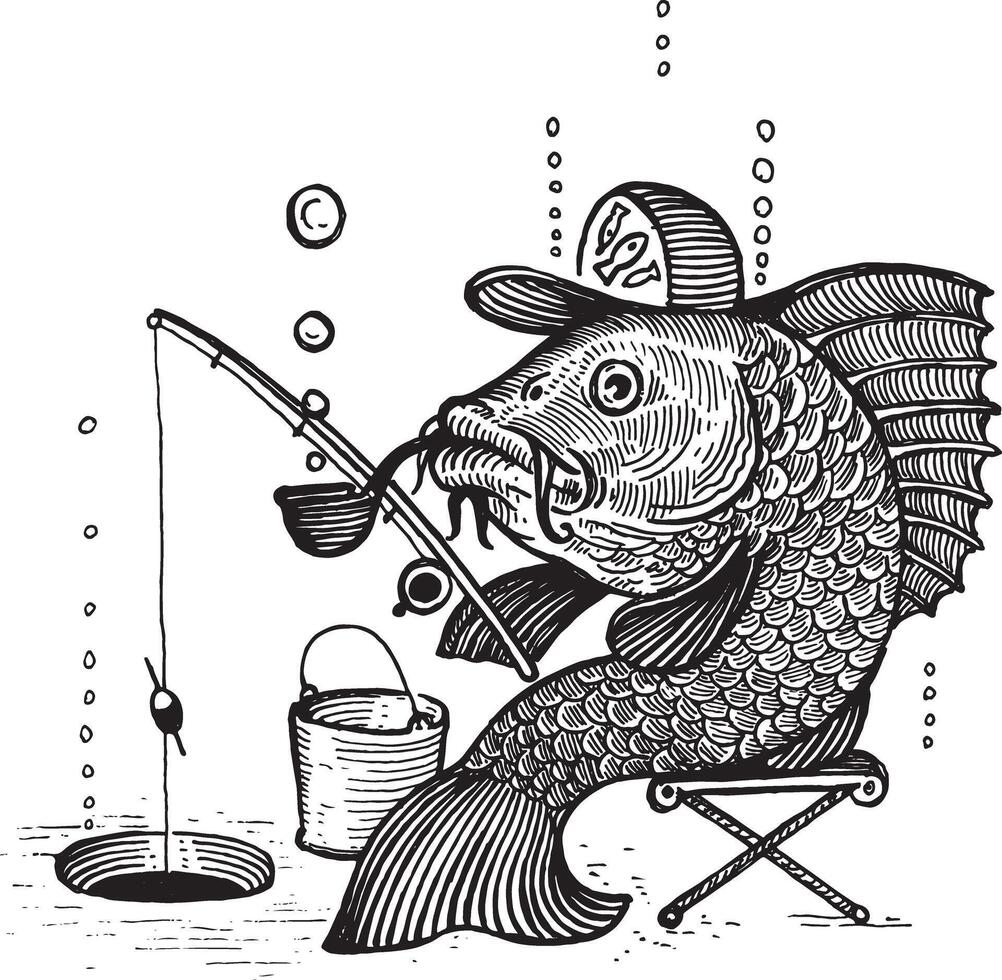 A fish with a cap and a smoking pipe is fishing with a fishing rod, illustration. Drawing with an ink pen and pencil. A collection of fish. vector