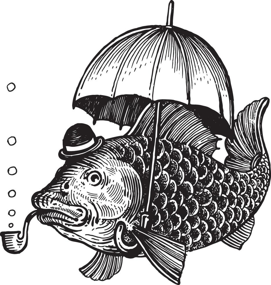 Fish with an umbrella, in a bowler hat and smoking a pipe, illustration. Drawing with an ink pen and pencil. A collection of fish. vector