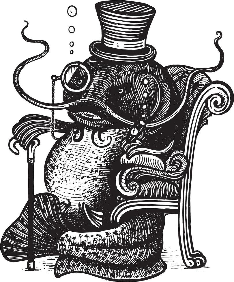 pescado bagre se sienta en un silla, con un caña, en un parte superior sombrero y fuma un cigarro, ilustración. dibujo con un tinta bolígrafo y lápiz. un colección de pez. vector