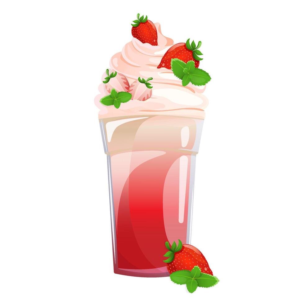 fresa malteada en un vaso, con azotado crema, Fresco fresas y menta hojas. Leche bebida aislado en un blanco antecedentes. vector