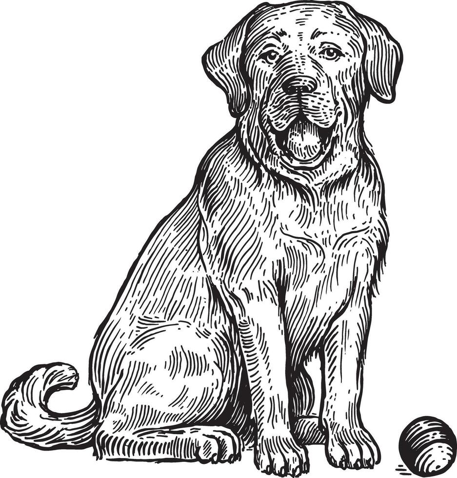 Labrador, un perro con un pelota, ilustración. Clásico gráficos y trabajo manual. el perro se sienta cerca el pelota, quiere a jugar con él. colección de mascotas. vector