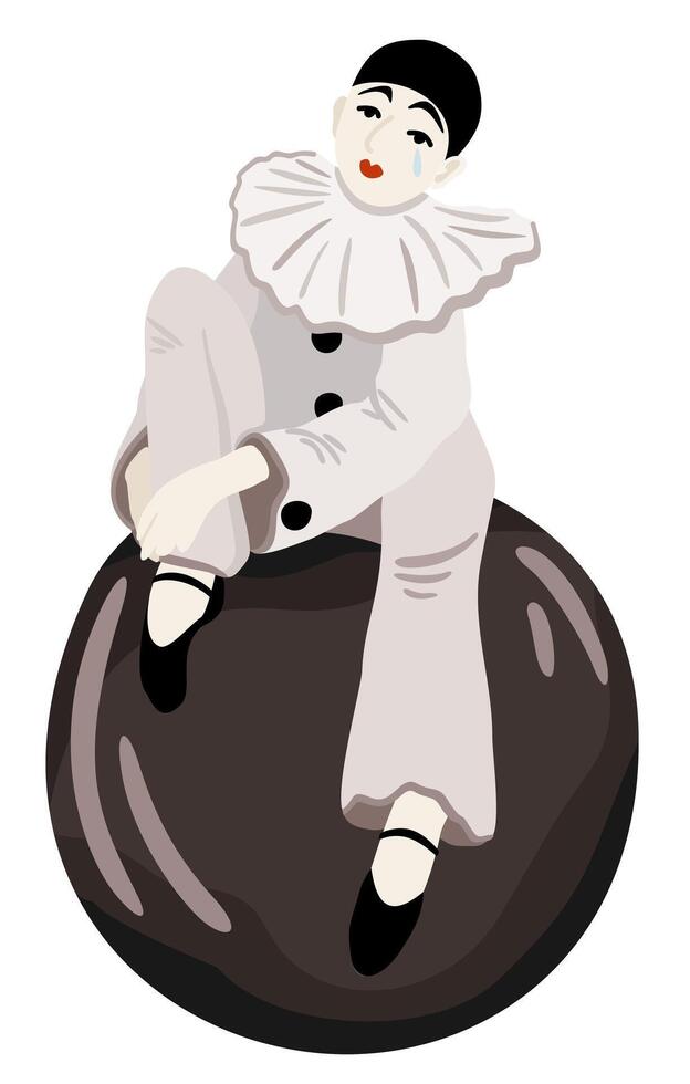 Pierrot. Sad clown sitting on ball. isolated illustration vector