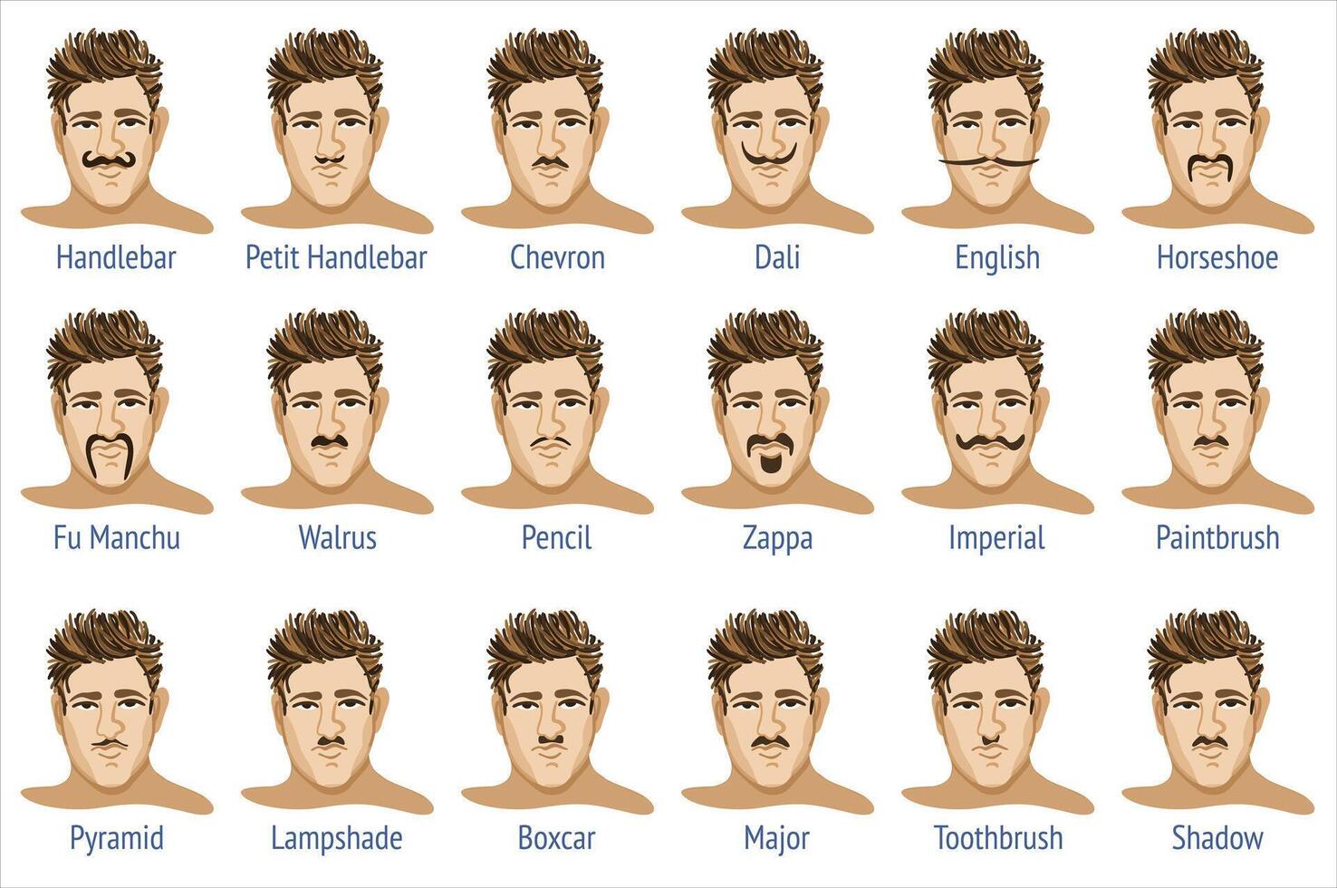 Mustache types. isolated set. With definitions vector