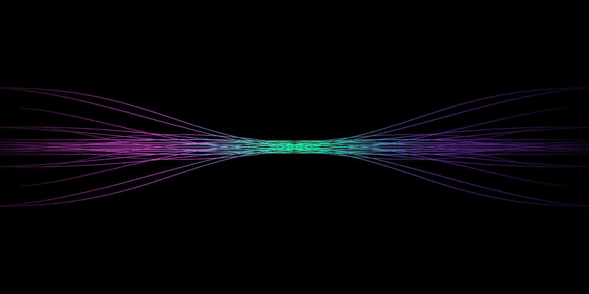 Abstract wavy dynamic blue green violet light lines curve banner on black background in concept technology, neural network, neurology, science, music, neon light vector