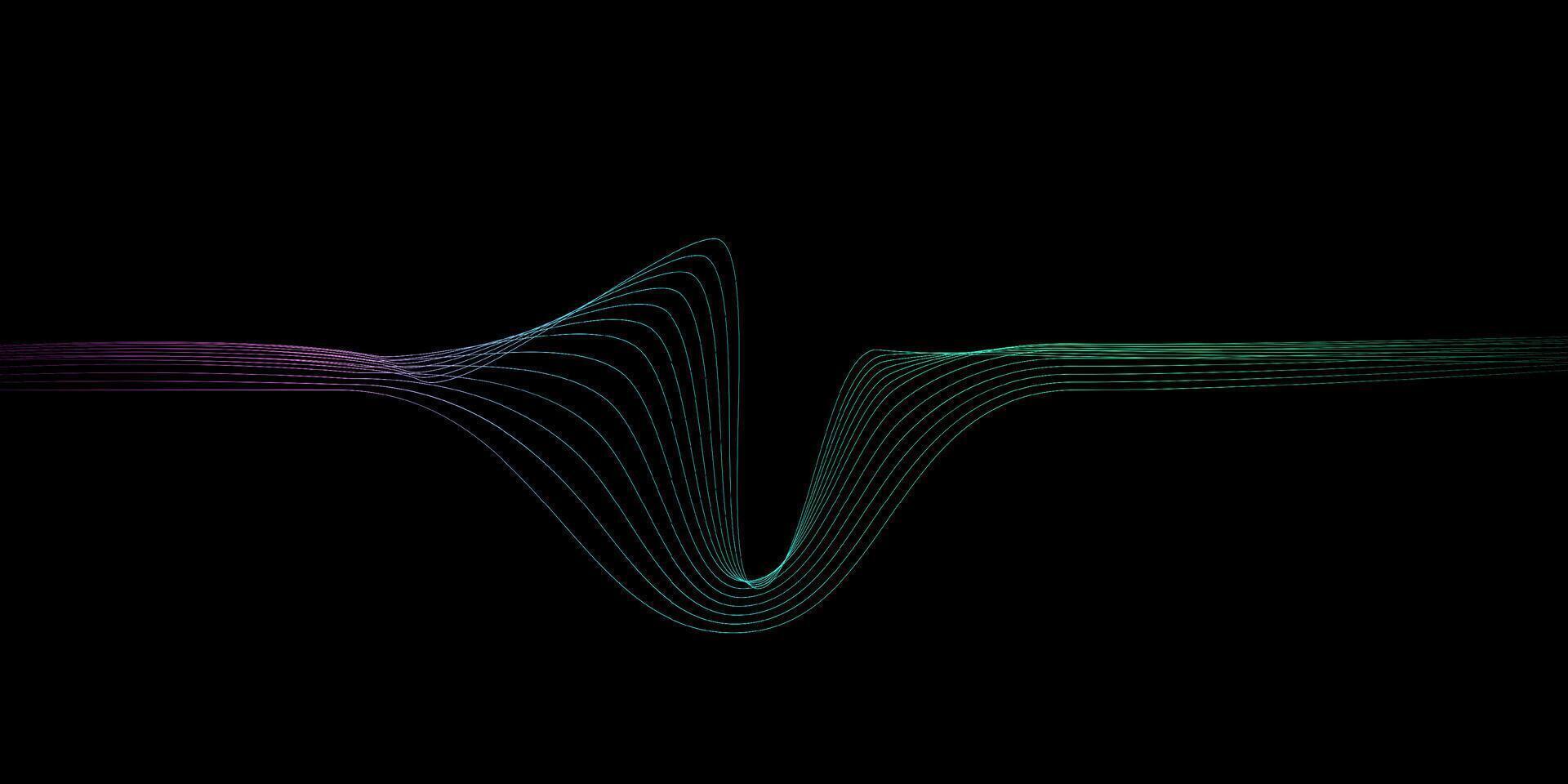 Abstract wavy dynamic blue green violet light lines curve banner on black background in concept technology, neural network, neurology, science, music, neon light vector