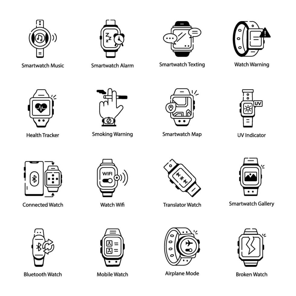 Set of 16 Liner Smartwatch Icons vector