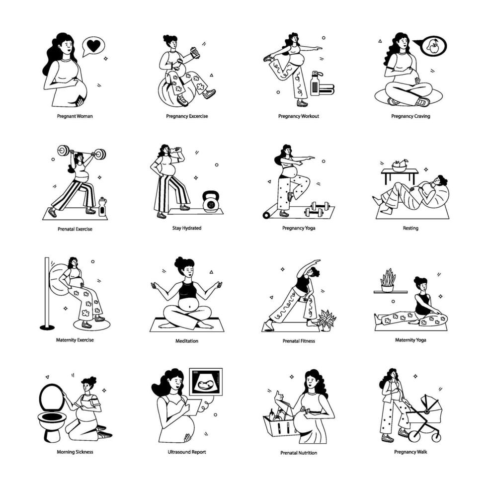 Modern Collection of 16 Pregnant Women Flat Icons vector