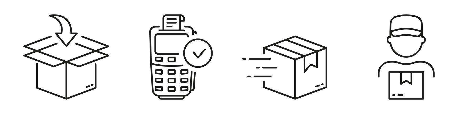 Delivery Process Line Icon Set. Order, Package, Payment, Shipping Symbol Collection. Shipping Guide Linear Pictogram. Purchase And Delivery Steps. Editable Stroke. Isolated Illustration vector