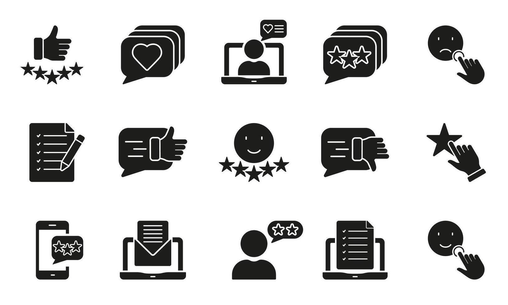 Testimonial Silhouette Icon Set. Rate And Review Symbol Collection. Customer Satisfaction And Experience Glyph Pictogram. Client Opinion, Write Feedback Solid Sign. Isolated Illustration vector