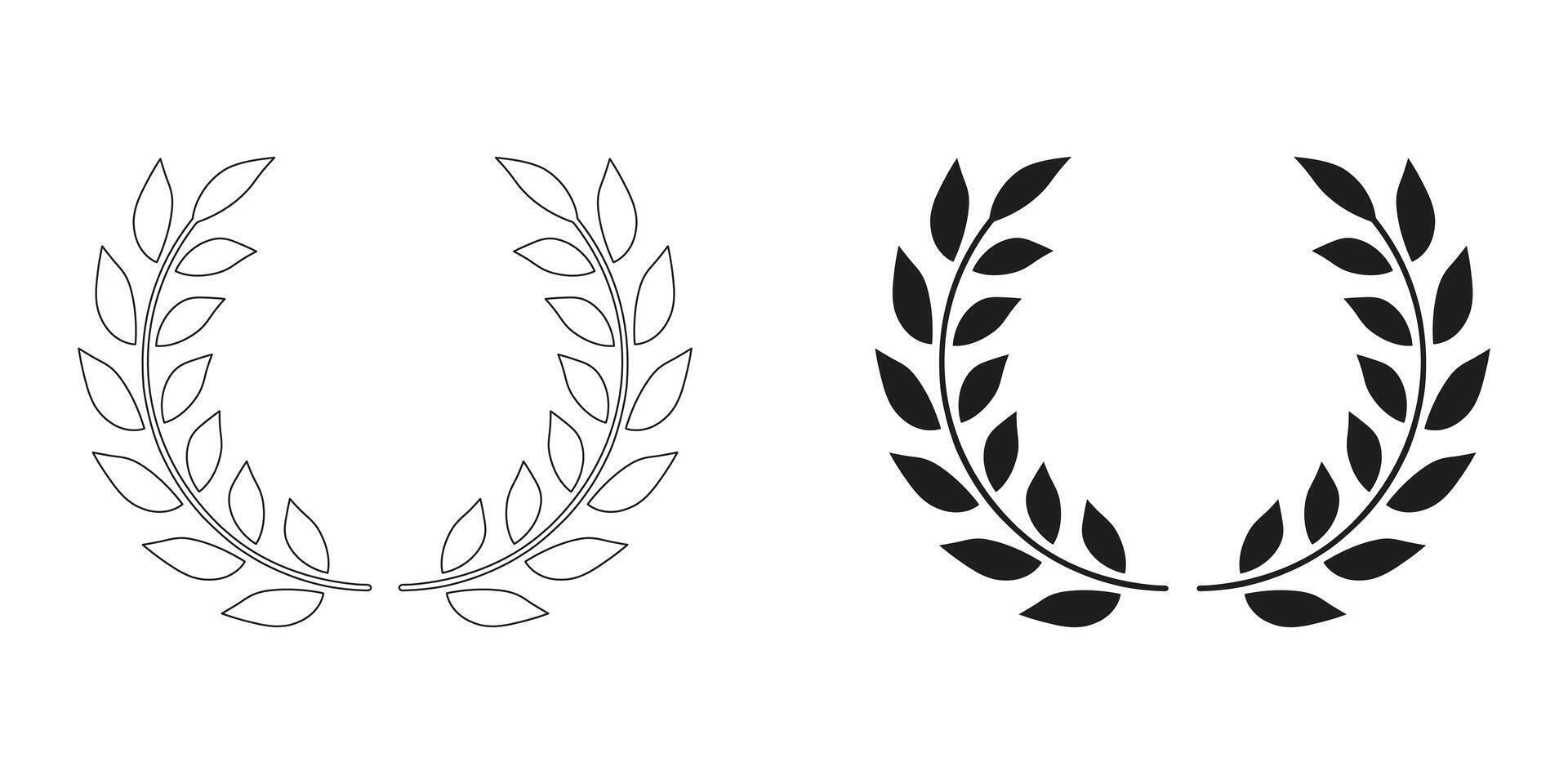 Laurel Wreath, Chaplet Line and Silhouette Black Icon Set. Champion Certificate, Victory Award. Winner Emblem Pictogram. Olive Leaf, Tree Branch Symbol Collection. Isolated Illustration. vector