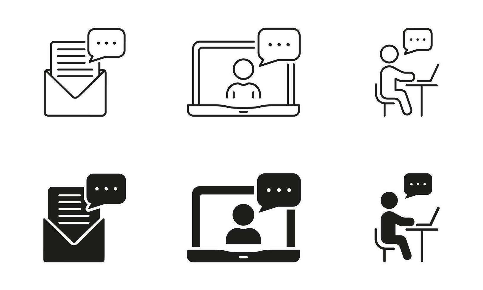 Online Seminar Line and Silhouette Icon Set. Distance Education Symbol Collection. People Use Laptop For Webinar Black Pictogram. Conference, Remote Work Sign. Isolated Illustration vector