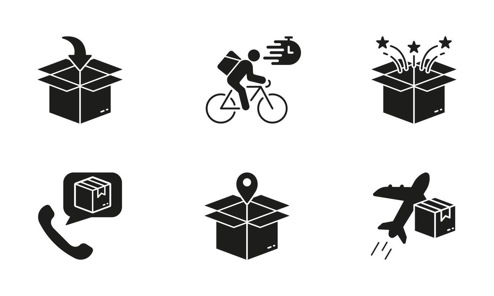 Bike Delivery Service Silhouette Icon Set. Global Shipping Glyph Pictogram. Parcel Box Solid Sign. Air Transportation, Order Shipment Symbol Collection. Isolated Illustration. vector