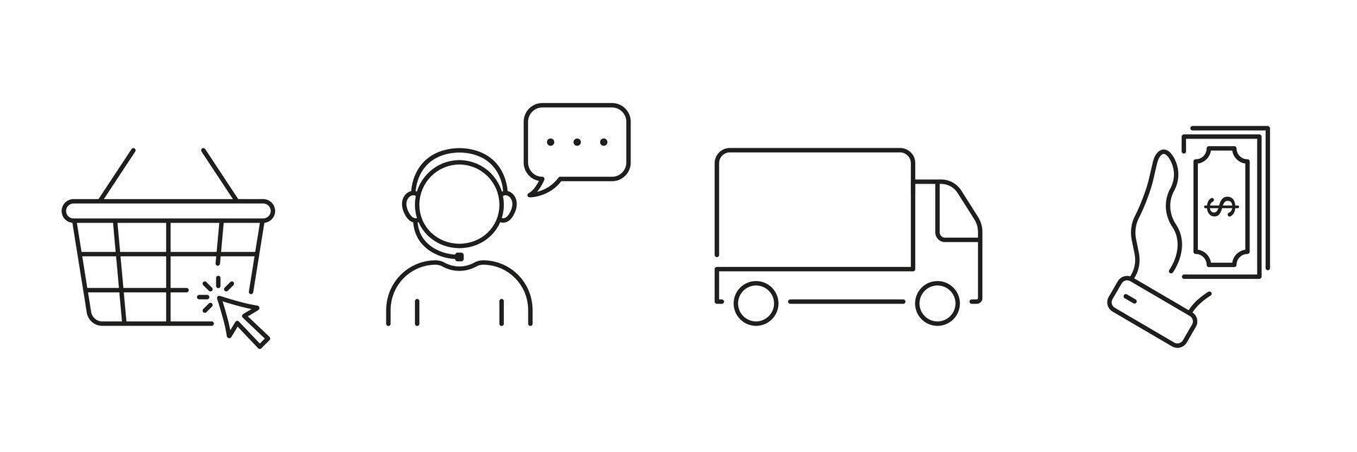 Ecommerce Line Icon Set. Online Shopping Steps Symbol Collection. Making Order Guide Linear Pictogram. Buy, Call To Support, Delivery, Payment Sign. Editable Stroke. Isolated Illustration vector