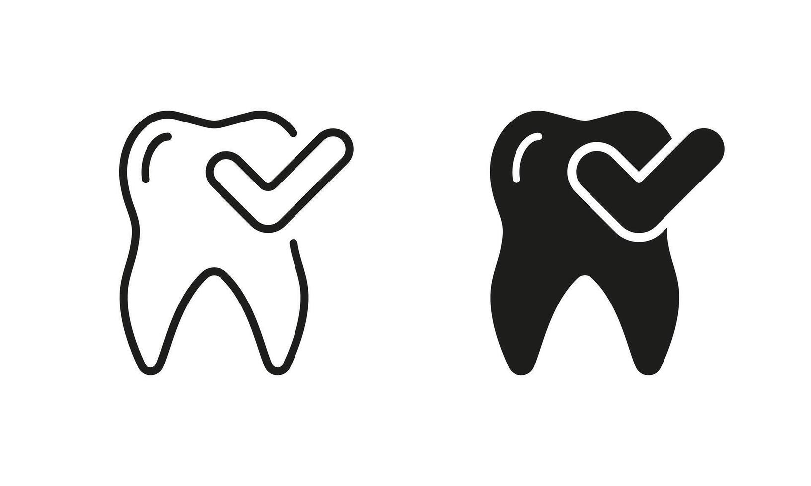 sano dientes silueta y línea icono colocar. diente con marca de verificación pictograma. comprobado oral salud, proteccion y higiene. dental tratamiento negro símbolo recopilación. aislado ilustración. vector