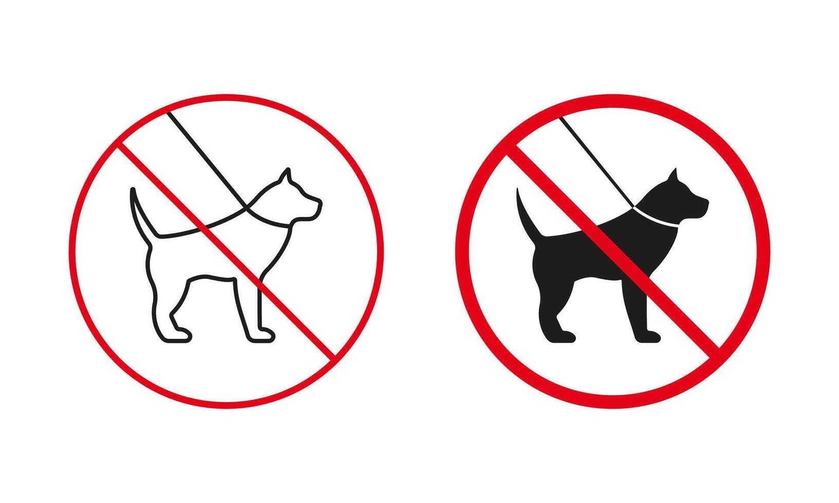 Walk With Pet Not Allowed Warning Sign Set. Dog On Leash Prohibit Line And Silhouette Icons. No Walking Dog Area Red Circle Symbol. Isolated Illustration vector
