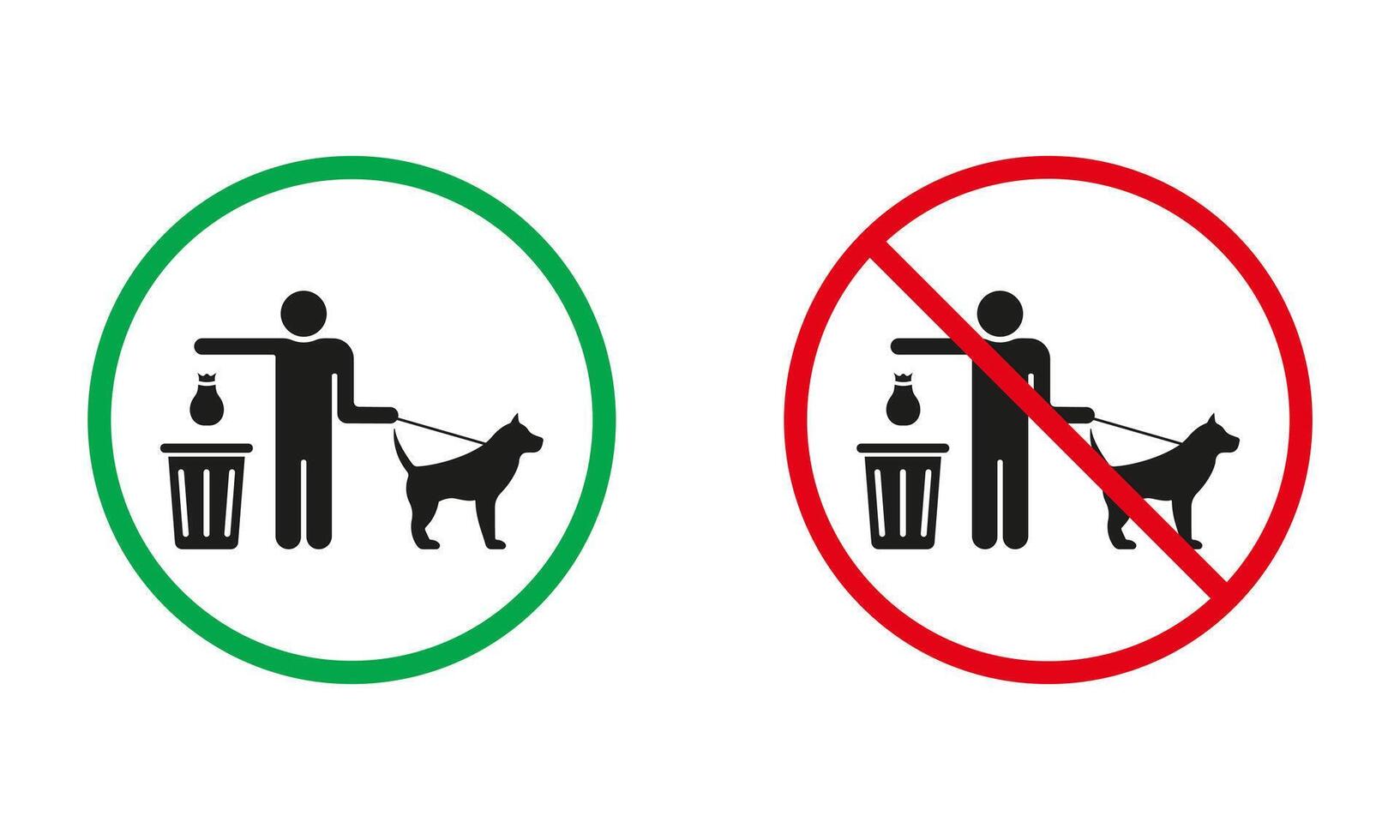 Por favor limpiar arriba después tu perro mierda advertencia signo. hombre lanzar bolso con mierda dentro basura lata silueta íconos colocar. caminando con perro permitido y prohibido símbolo. aislado ilustración vector